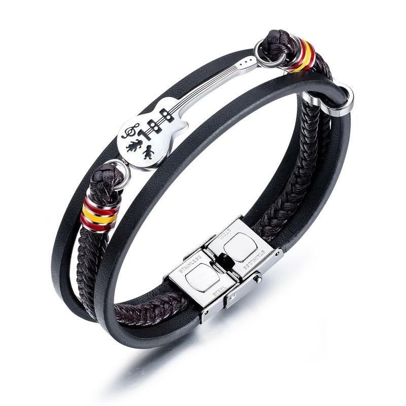 Gravyr Gitarr Charm Tre Tråd Läderarmband För Herr