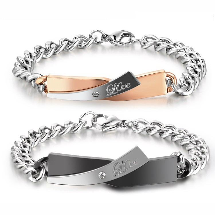 "Love You" Kärlekstema Titanium Stål Älskare Armband (Gratis Gravyr) (Pris För Ett Par)