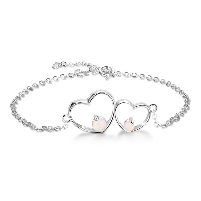 Unik Dubbel Hjärtat Charm Opal Armband För Dam I Sterling Silver