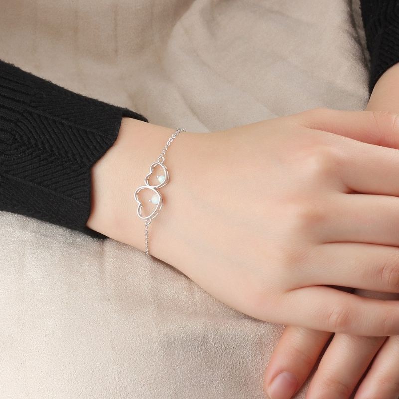 Unik Dubbel Hjärtat Charm Opal Armband För Dam I Sterling Silver