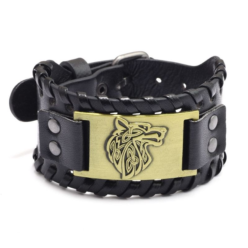 Unikt Wolf Totem Charm Kohud Bälte Armband För Herr