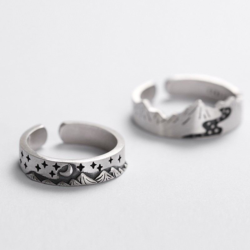 Berg & Flod / Måne & Stjärna S925 Sterling Silver Öppning Älskare Ringar