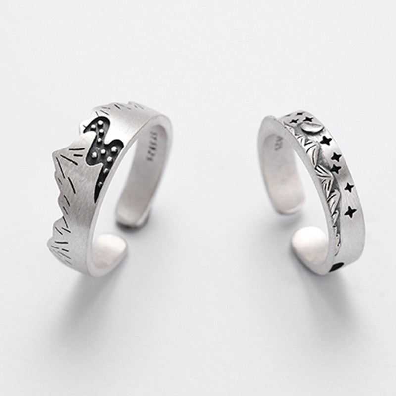 Berg & Flod / Måne & Stjärna S925 Sterling Silver Öppning Älskare Ringar