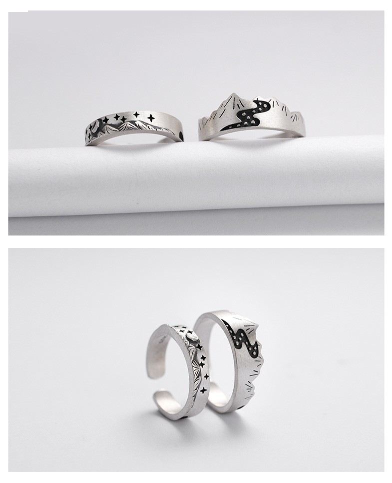 Berg & Flod / Måne & Stjärna S925 Sterling Silver Öppning Älskare Ringar