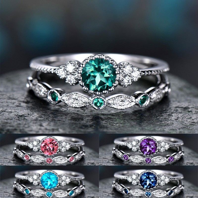 Enkel Och Snygg Lila Grön Blå Rosa Sjöblå Zirkon Ring Kvinna Legering Safir Ring Set