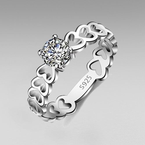 Ihåligt Hjärta Design 925 Sterling Silver Rundklippt Cubic Zirconia Damring / Vigselring