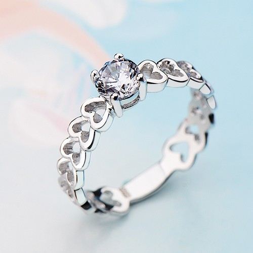 Ihåligt Hjärta Design 925 Sterling Silver Rundklippt Cubic Zirconia Damring / Vigselring