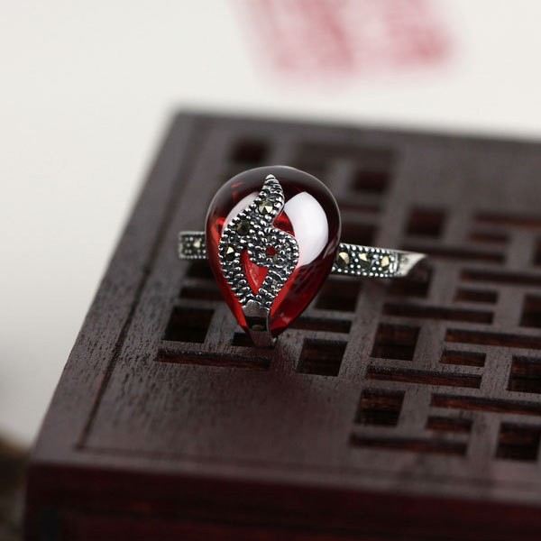 Kreativ Retro 925 Sterling Silver Handinlagd Granatring