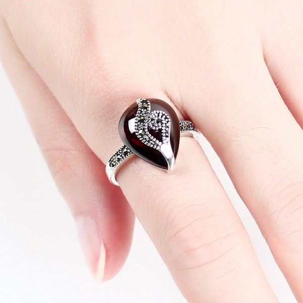 Kreativ Retro 925 Sterling Silver Handinlagd Granatring