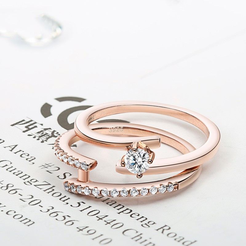 Mode Aaa Zirkon Roséguld 925 Sterling Silver Dubbel Ring