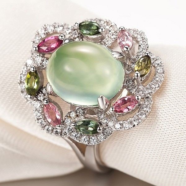 Naturlig Oval Prehnite 925 Silver Personlighetscocktailring För Dam