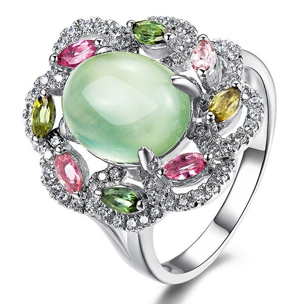 Naturlig Oval Prehnite 925 Silver Personlighetscocktailring För Dam