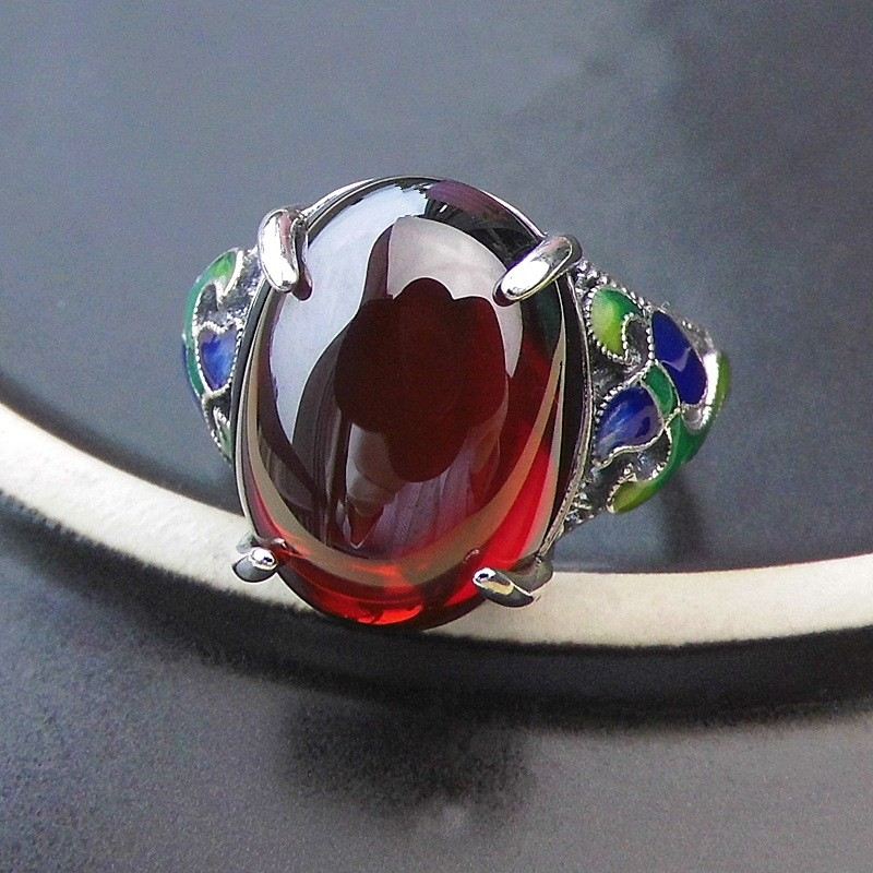 Ny Ädel 925 Sterling Silver Cloisonne Inlay Granat Damring