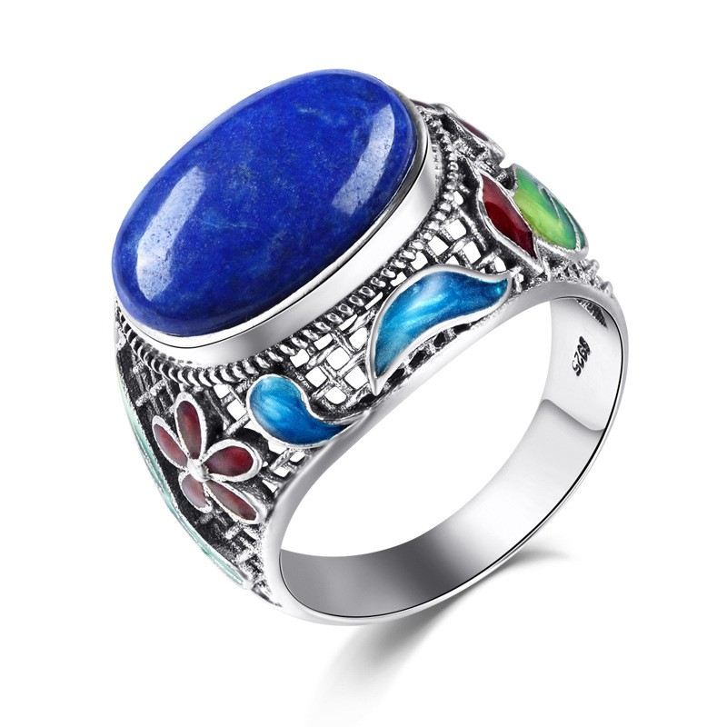 Nytt Retromönster Sterling Silver Inlagd Naturlig Lapis Lazuli Ring