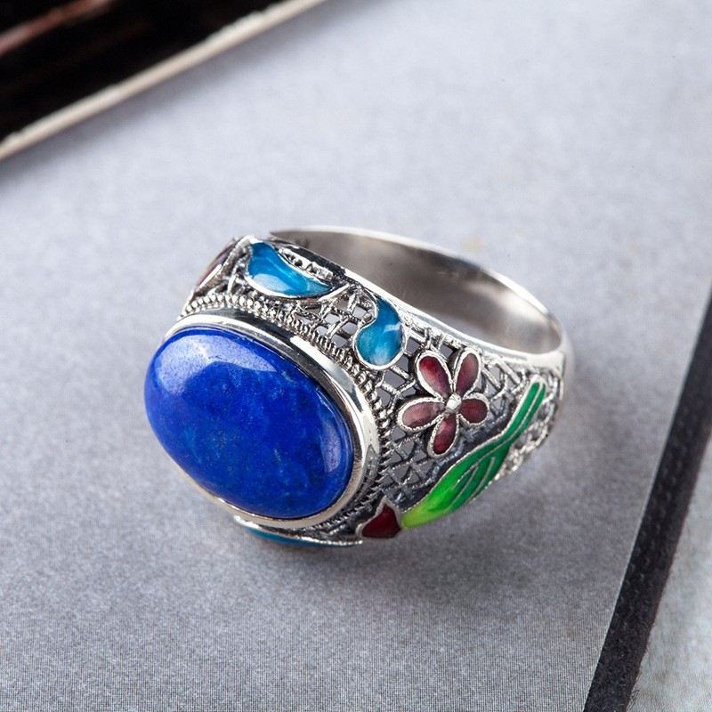 Nytt Retromönster Sterling Silver Inlagd Naturlig Lapis Lazuli Ring