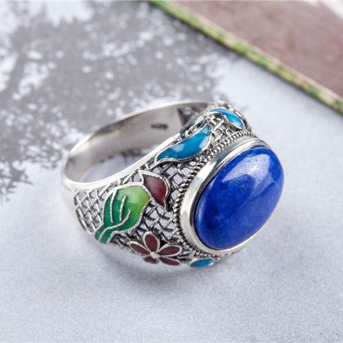 Nytt Retromönster Sterling Silver Inlagd Naturlig Lapis Lazuli Ring