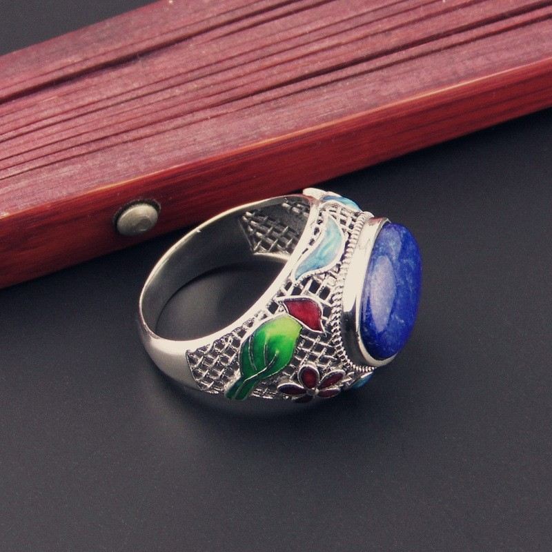 Nytt Retromönster Sterling Silver Inlagd Naturlig Lapis Lazuli Ring