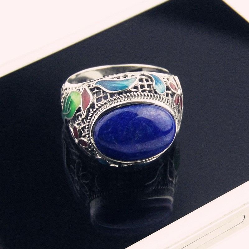 Nytt Retromönster Sterling Silver Inlagd Naturlig Lapis Lazuli Ring