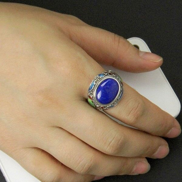 Nytt Retromönster Sterling Silver Inlagd Naturlig Lapis Lazuli Ring