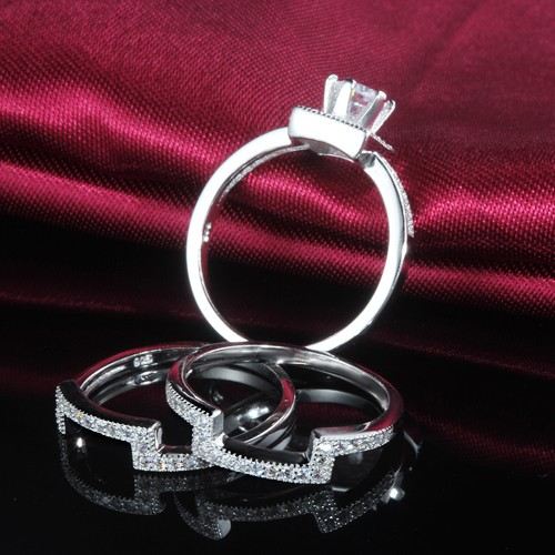 Original Ny 925 Sterling Silver Inlagd Simulering CZ Förlovningsring Set