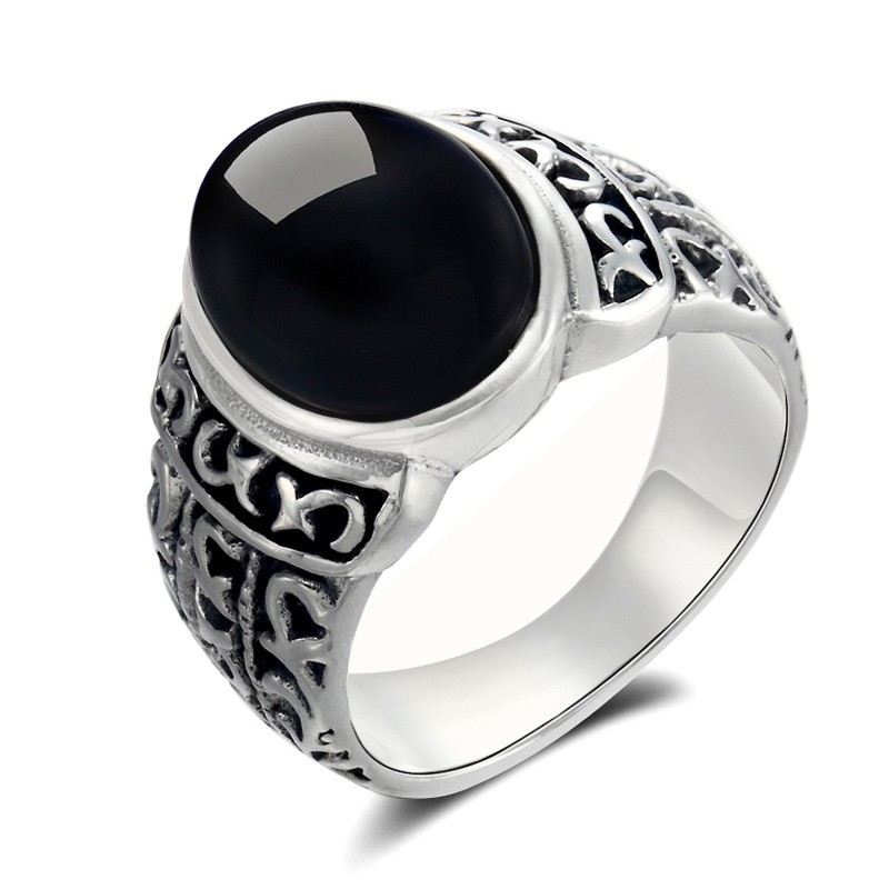 Retro Atmosfär 925 Sterling Silver Inlagt Svart Onyx Herrring