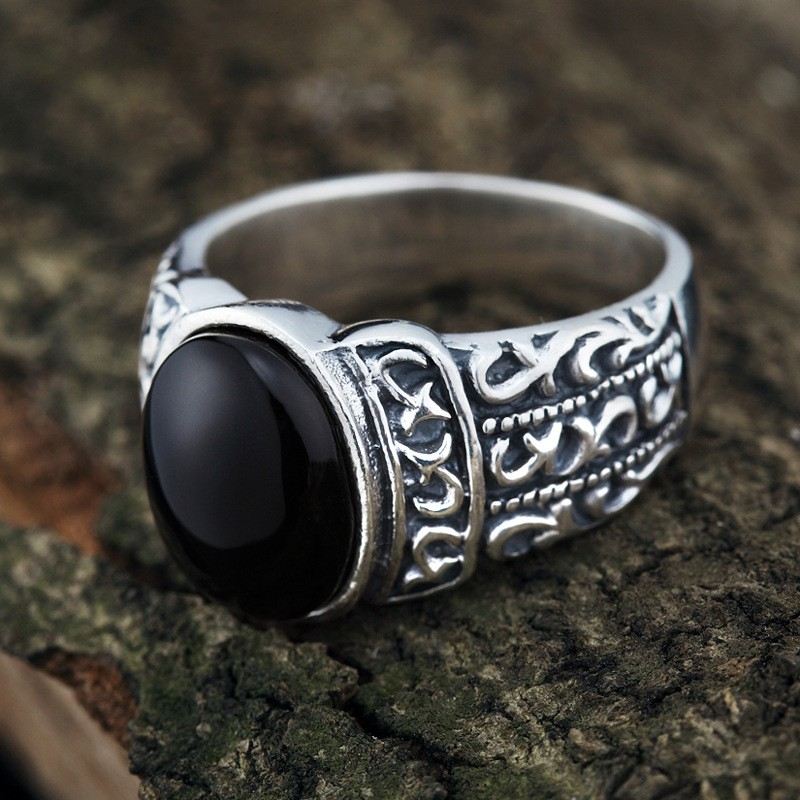 Retro Atmosfär 925 Sterling Silver Inlagt Svart Onyx Herrring