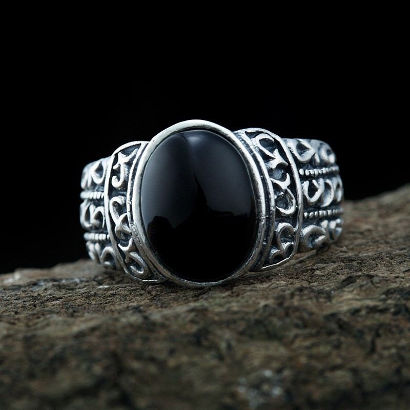 Retro Atmosfär 925 Sterling Silver Inlagt Svart Onyx Herrring