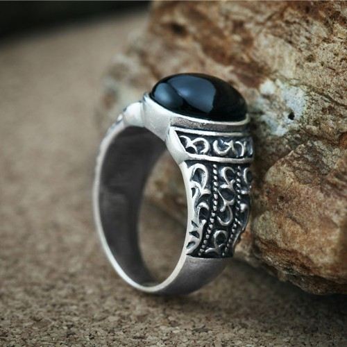 Retro Atmosfär 925 Sterling Silver Inlagt Svart Onyx Herrring