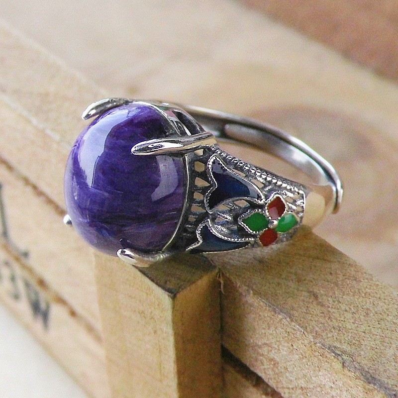 Retro Cloisonne 925 Sterling Silver Inlagt Naturligt Karoite Ädelsten Öppningsring