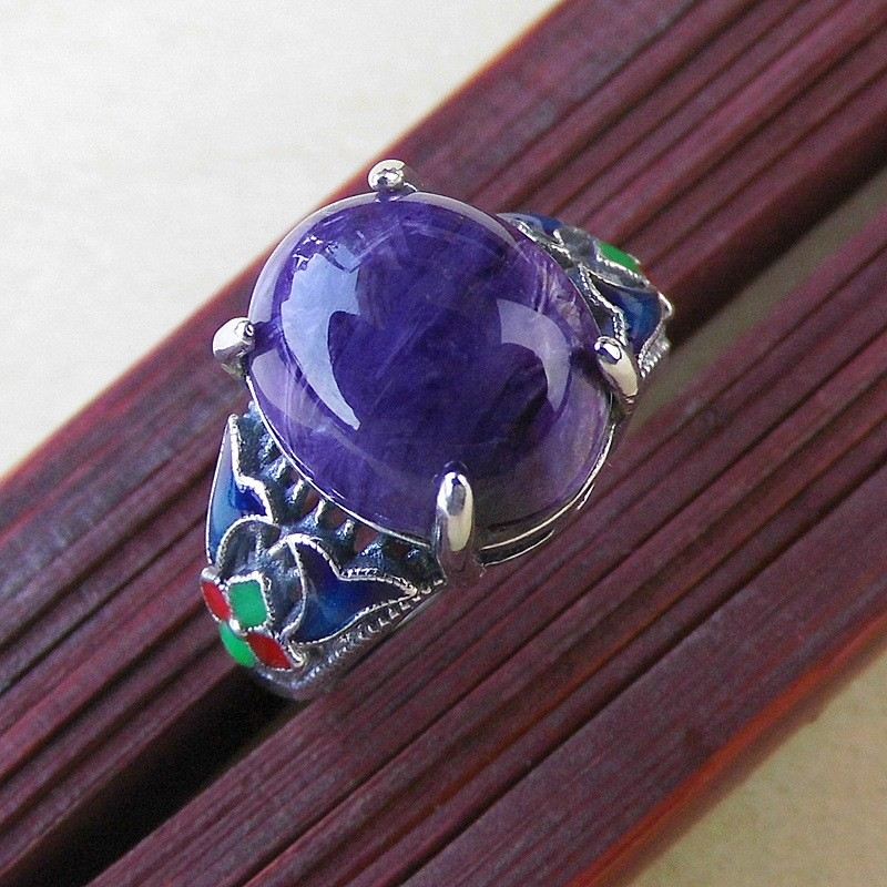 Retro Cloisonne 925 Sterling Silver Inlagt Naturligt Karoite Ädelsten Öppningsring