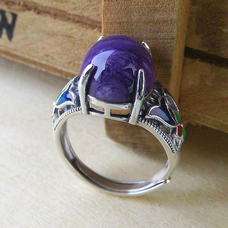 Retro Cloisonne 925 Sterling Silver Inlagt Naturligt Karoite Ädelsten Öppningsring