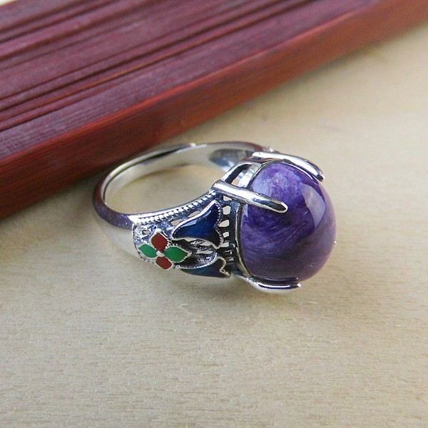 Retro Cloisonne 925 Sterling Silver Inlagt Naturligt Karoite Ädelsten Öppningsring