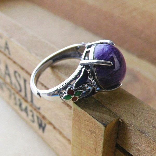 Retro Cloisonne 925 Sterling Silver Inlagt Naturligt Karoite Ädelsten Öppningsring