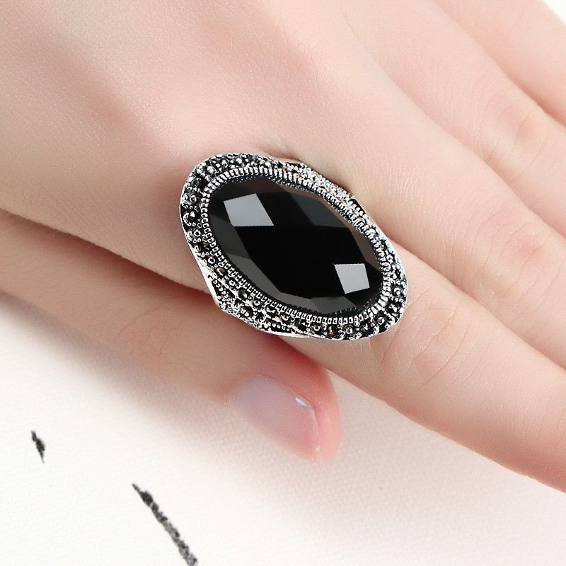 Retro Temperament 925 Silver Inlagt Oval Svart Onyx Ädelsten Ring