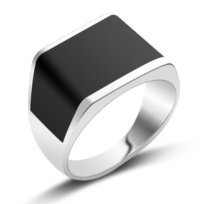 S925 Silver Och Svart Onyx Fyrkantig Ring