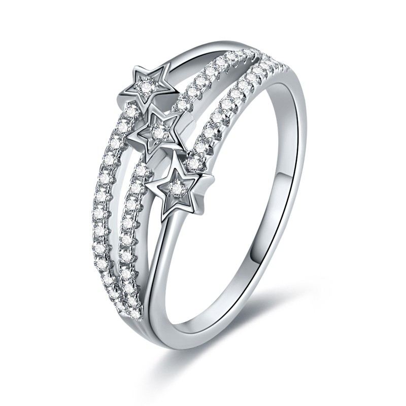 Silverring Tre Rader Med Mikrodiamantring Diamantstjärna Pentagram