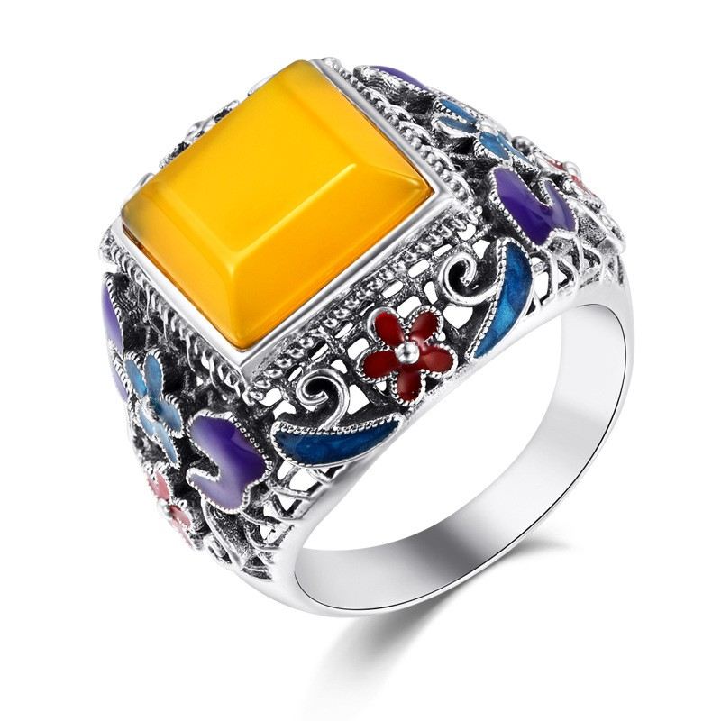 Sterling Silver Inlagd Ädelsten Cloisonne Emalj Ring