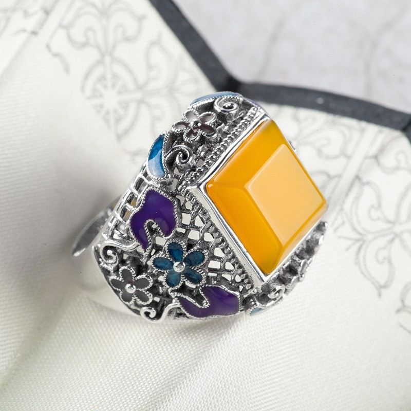 Sterling Silver Inlagd Ädelsten Cloisonne Emalj Ring