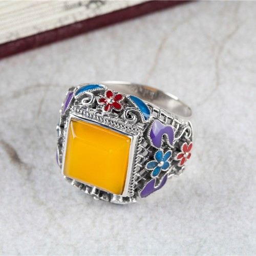 Sterling Silver Inlagd Ädelsten Cloisonne Emalj Ring