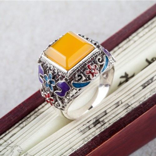 Sterling Silver Inlagd Ädelsten Cloisonne Emalj Ring