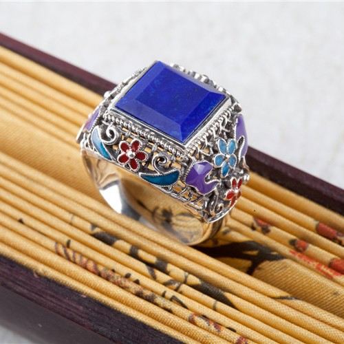 Sterling Silver Inlagd Ädelsten Cloisonne Emalj Ring