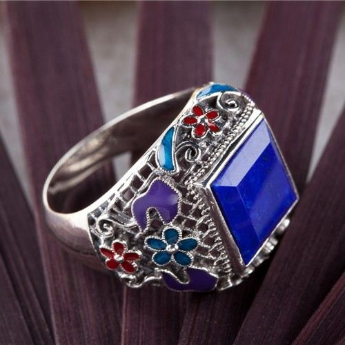 Sterling Silver Inlagd Ädelsten Cloisonne Emalj Ring