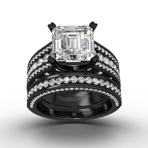 Svart Antik Vigselring Set Brudset Med Asscher Cut Cubic Zirconia 925 Sterling Silver