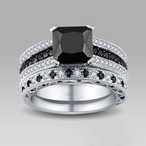 Svart Och Vitt Cubic Zirconia 925 Sterling Silver Dam Vigselring Set / Brud Set