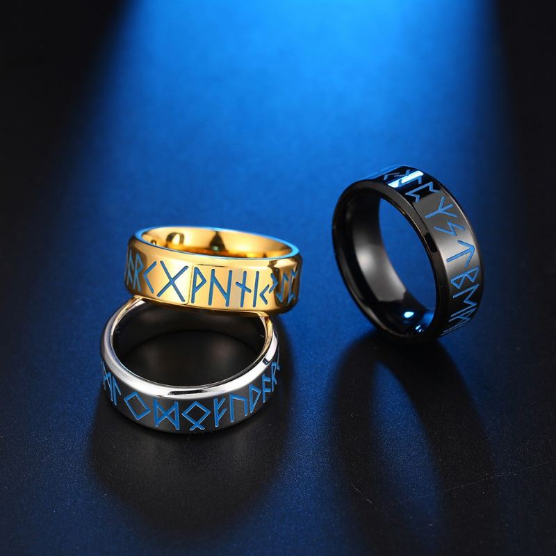 Tre Färger Svart Silverguld 8Mm Vikingtext Totem Lysande Glöd Titan Stål Herrring