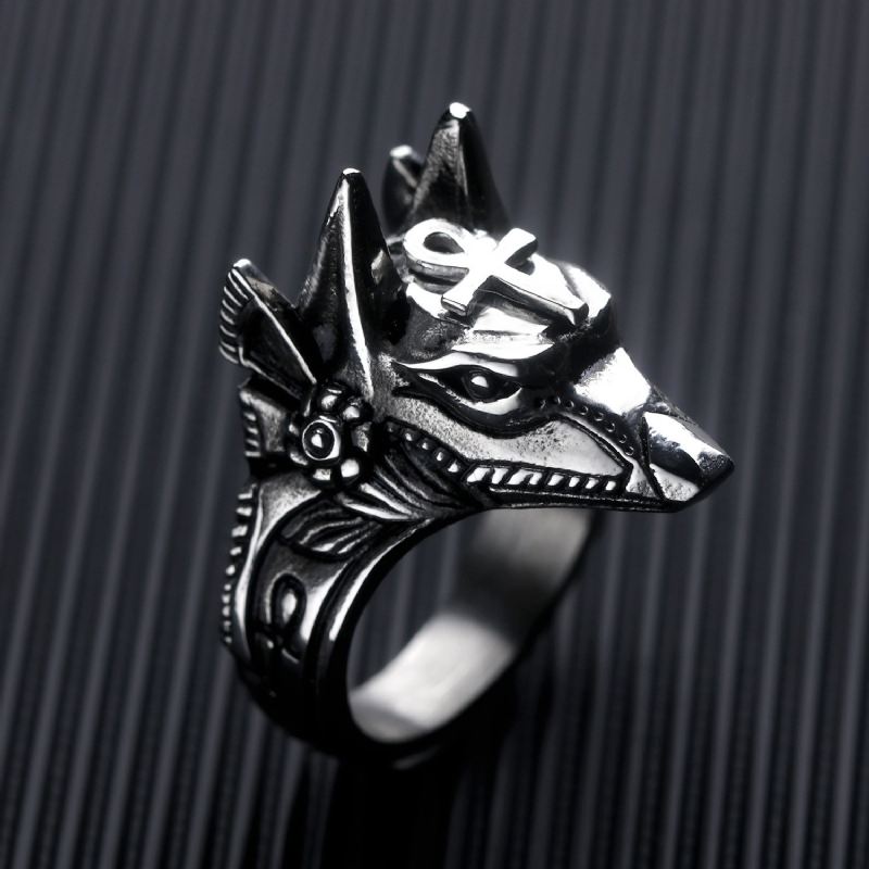 Vintage Anubis Gud Forntida Egyptisk Grim Reaper Kvinna Kvinnlig Självförsvar Ring Spel Wolf'S Head Ring För Herr