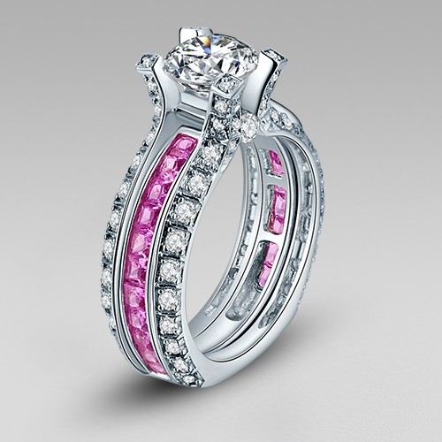 Vit Och Rosa Cubic Zirconia 925 Sterling Silver Vitguldpläterad Vigselring I La Cathedrale Stil