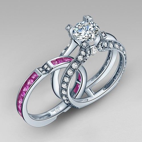 Vit Och Rosa Cubic Zirconia 925 Sterling Silver Vitguldpläterad Vigselring I La Cathedrale Stil