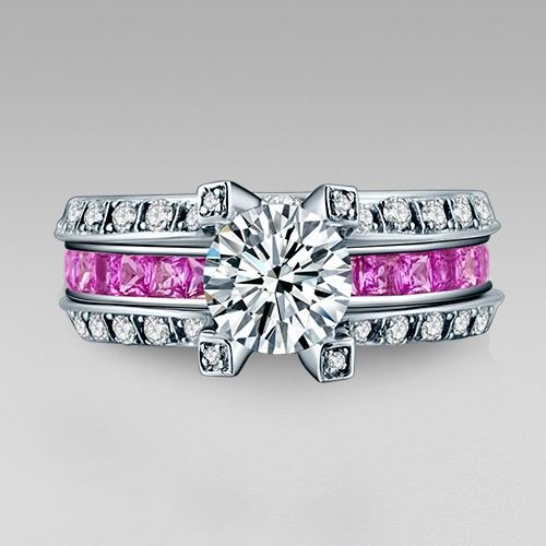 Vit Och Rosa Cubic Zirconia 925 Sterling Silver Vitguldpläterad Vigselring I La Cathedrale Stil