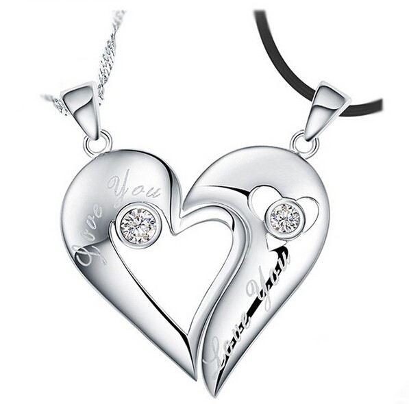 Kreativa "Love You" Hjärtans Kyss Med Kristall 925 Sterling Silver Älskare Halsband (Pris För Ett Par)